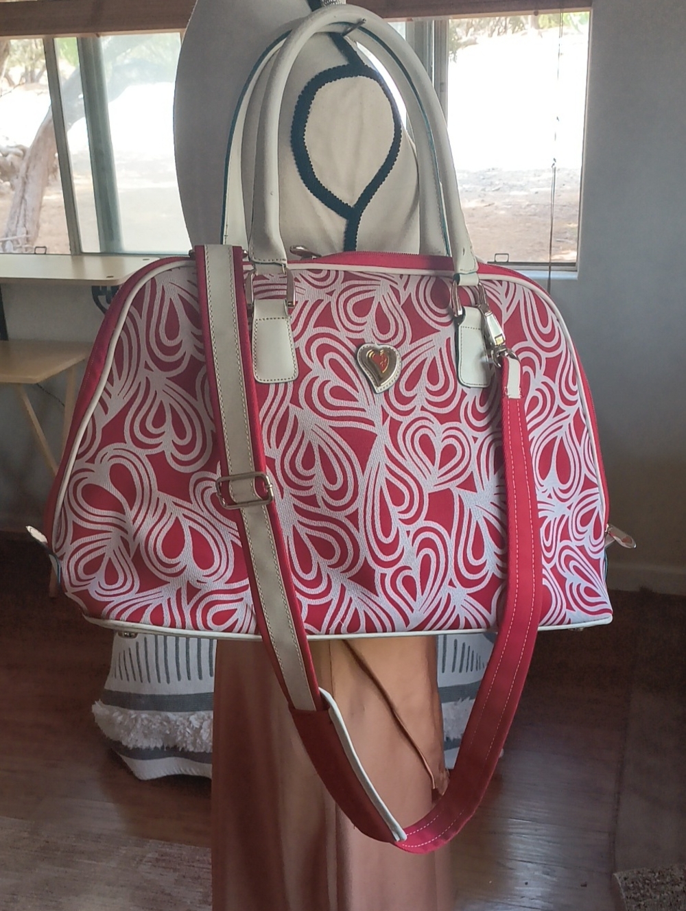 DVF Diane von Furstenberg Vintage Heart Print Duffel Travel Bag